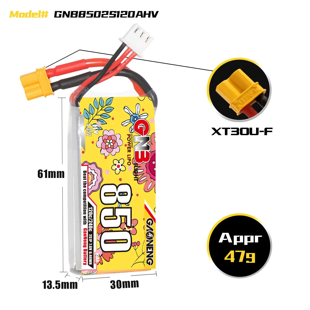 GAONENG GNB High-Voltage 2S 7.6V 850mAh 120C XT30 LiPo Battery