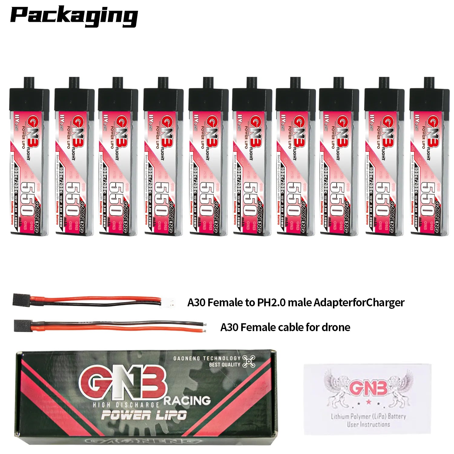Hot Sale! GAONENG GNB 1S 3.8V 550mAh 100C A30 Plastic Head LiPo Battery for FPV Drones