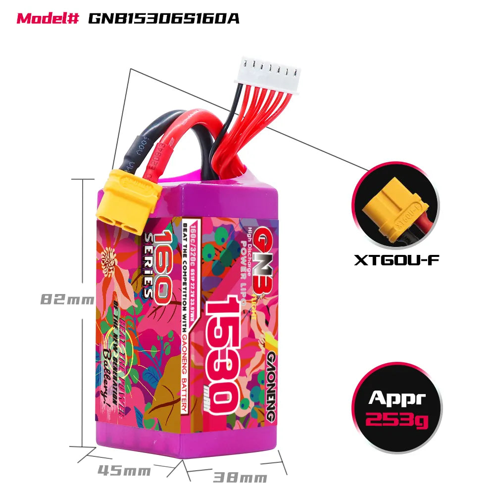 GAONENG High - Performance 6S 22.2V 1530mAh 160C XT60 LiPo Graphene Battery for Drones & FPV