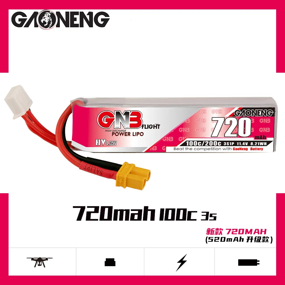 GAONENG GNB 11.4V 720mAh 100C XT30 3S LiHV LiPo Battery [DG]