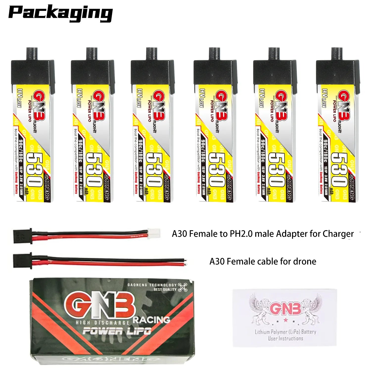Hot Sale GAONENG GNB 1S 3.8V 530mAh 90C A30 Plastic Head LiPo Battery for FPV Drones