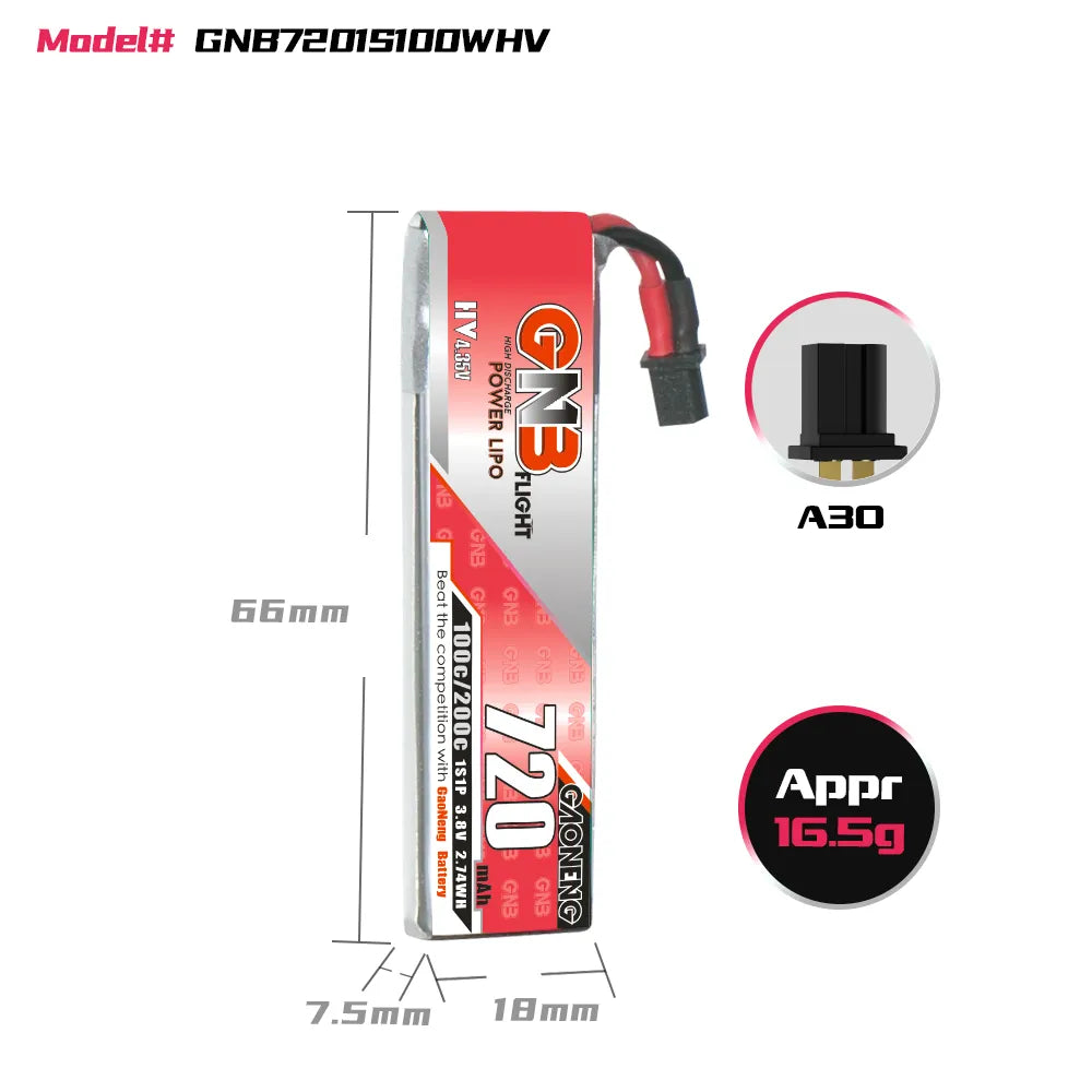 GAONENG GNB High - Performance 3.8V 720mAh 100C A30 Cabled 1S LiHV LiPo Battery [DG]
