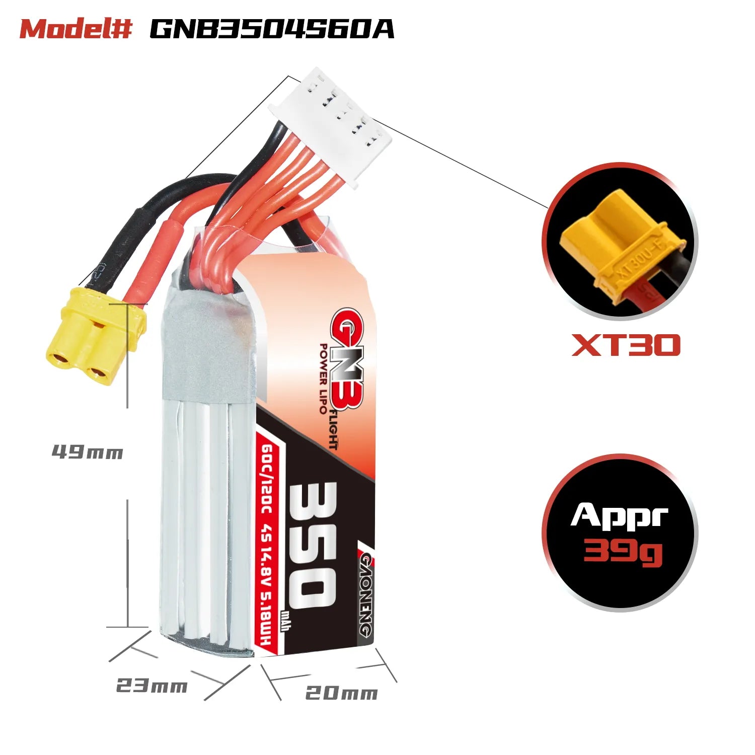 Hot Sale! GAONENG GNB 4S 14.8V 350mAh 60C XT30 LiPo RC Battery