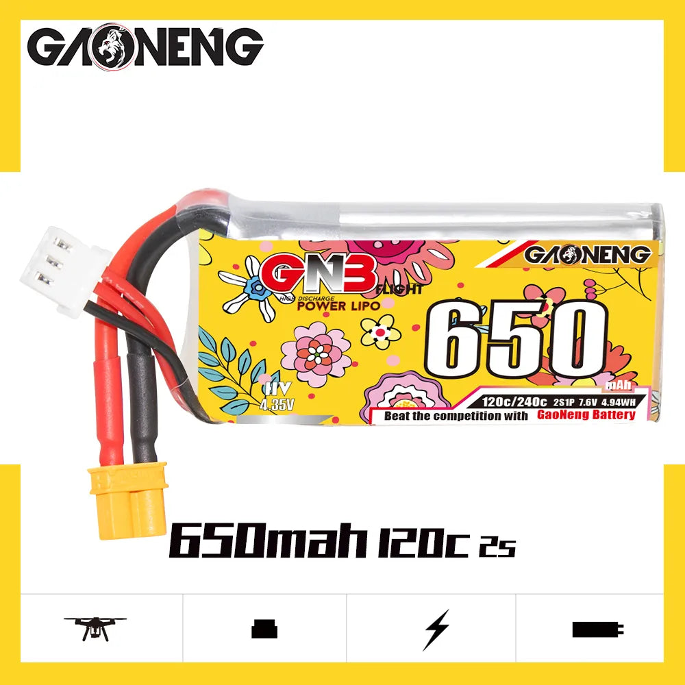 GAONENG High - Performance 7.6V 650mAh 120C XT30 2S LiPo Battery - Ideal for RC Models