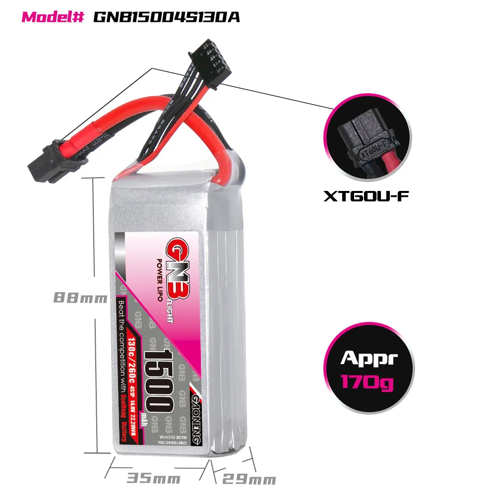 Hot Sale GAONENG High - Performance 14.8V 1500mAh 130C XT60 4S LiPo Battery for Drones and FPV