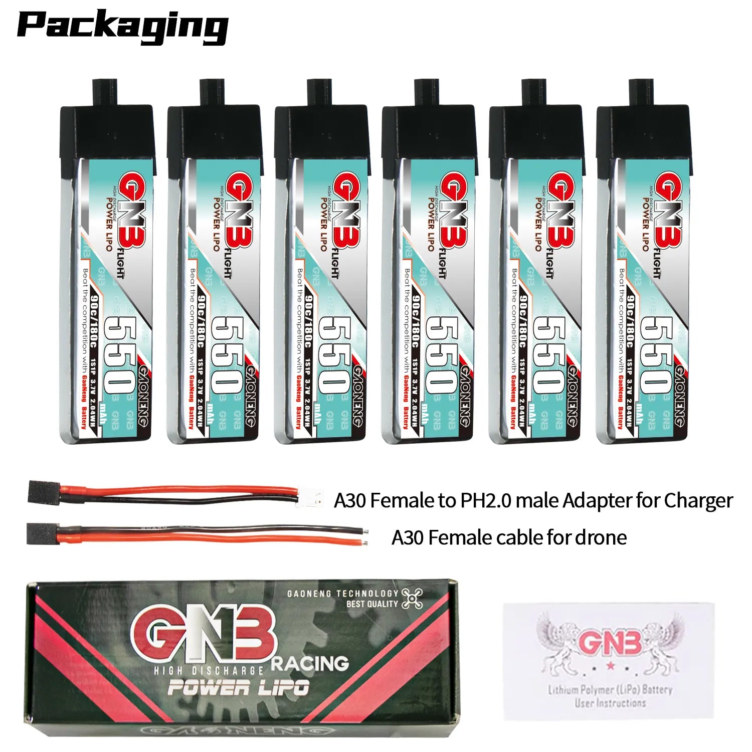 GAONENG GNB 1S 3.7V 550mAh 90C A30 Plastic Head LiPo Battery 4pc - Hot Deal!