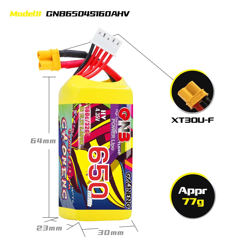 GAONENG High - Performance 15.2V 650mAh 160C XT30 HV 4S LiPo Battery for FPV Drones