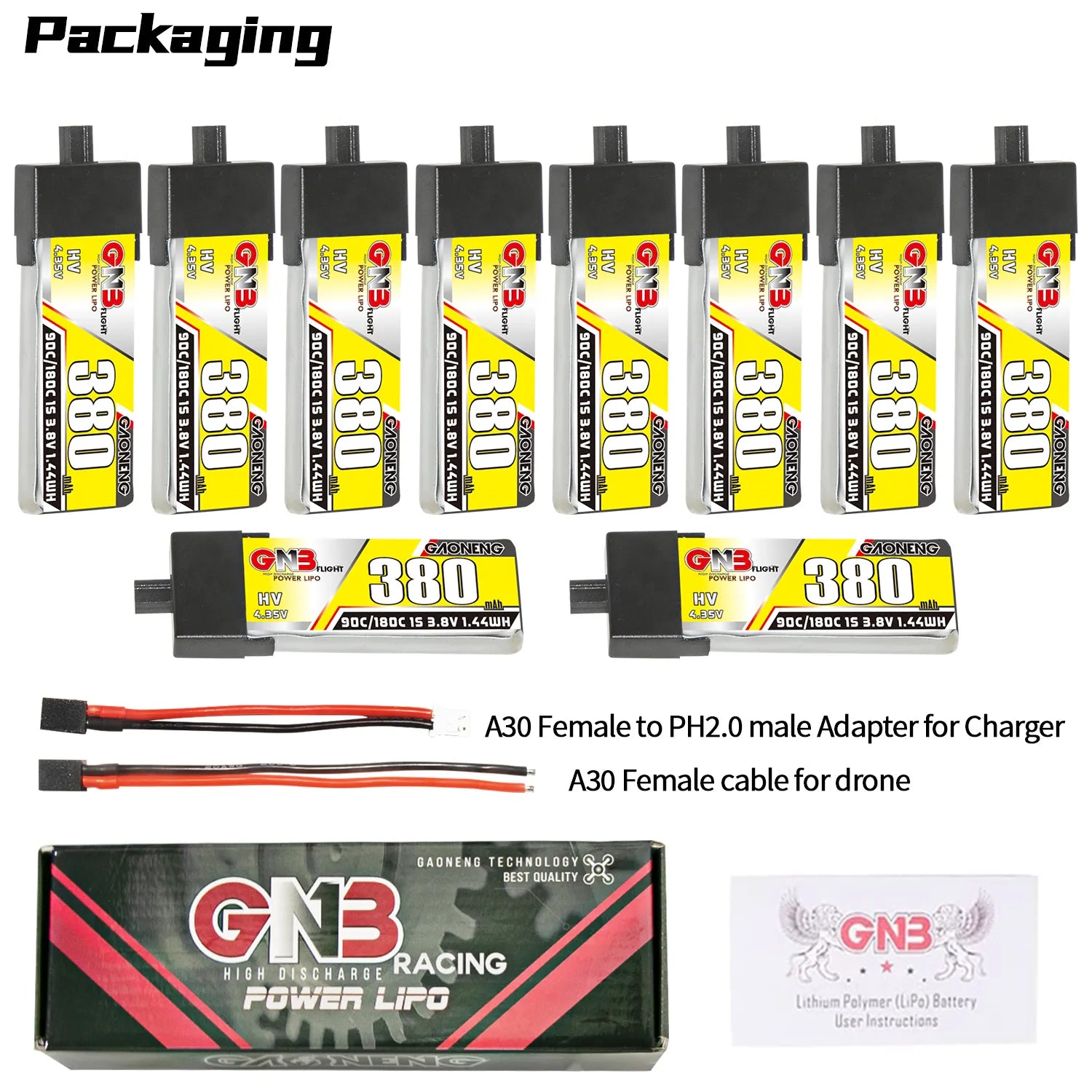 High - Performance GAONENG GNB 1S 3.8V 380mAh 90C A30 Plastic - Head LiPo Battery