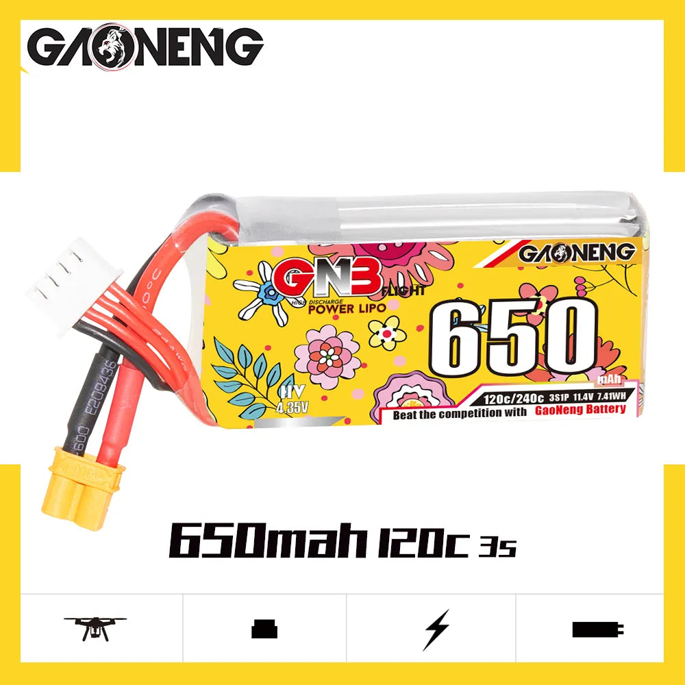GAONENG GNB High-Voltage 3S 11.4V 650mAh 120C XT30 LiPo Battery - Ideal for Drones and RC Toys