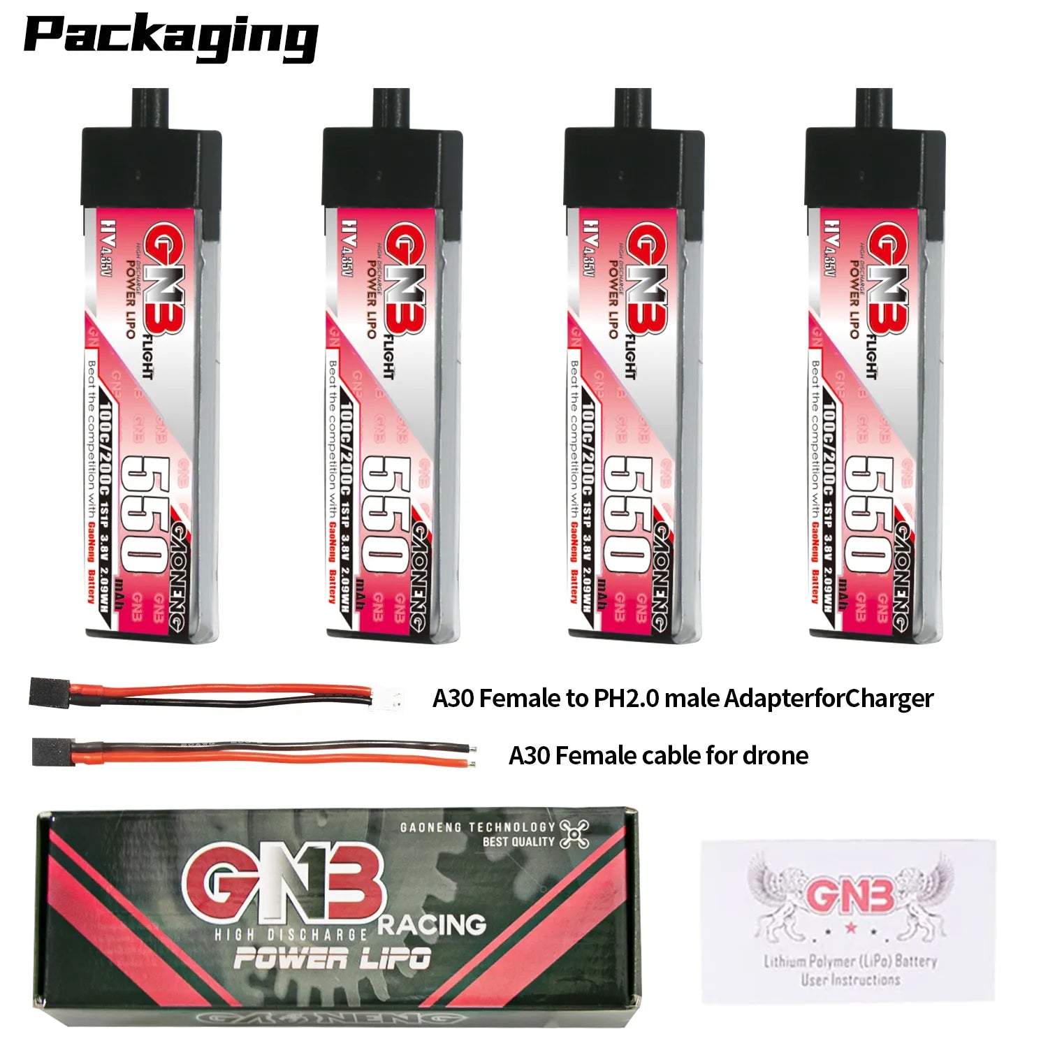 Hot Sale! GAONENG GNB 1S 3.8V 550mAh 100C A30 Plastic Head LiPo Battery for FPV Drones