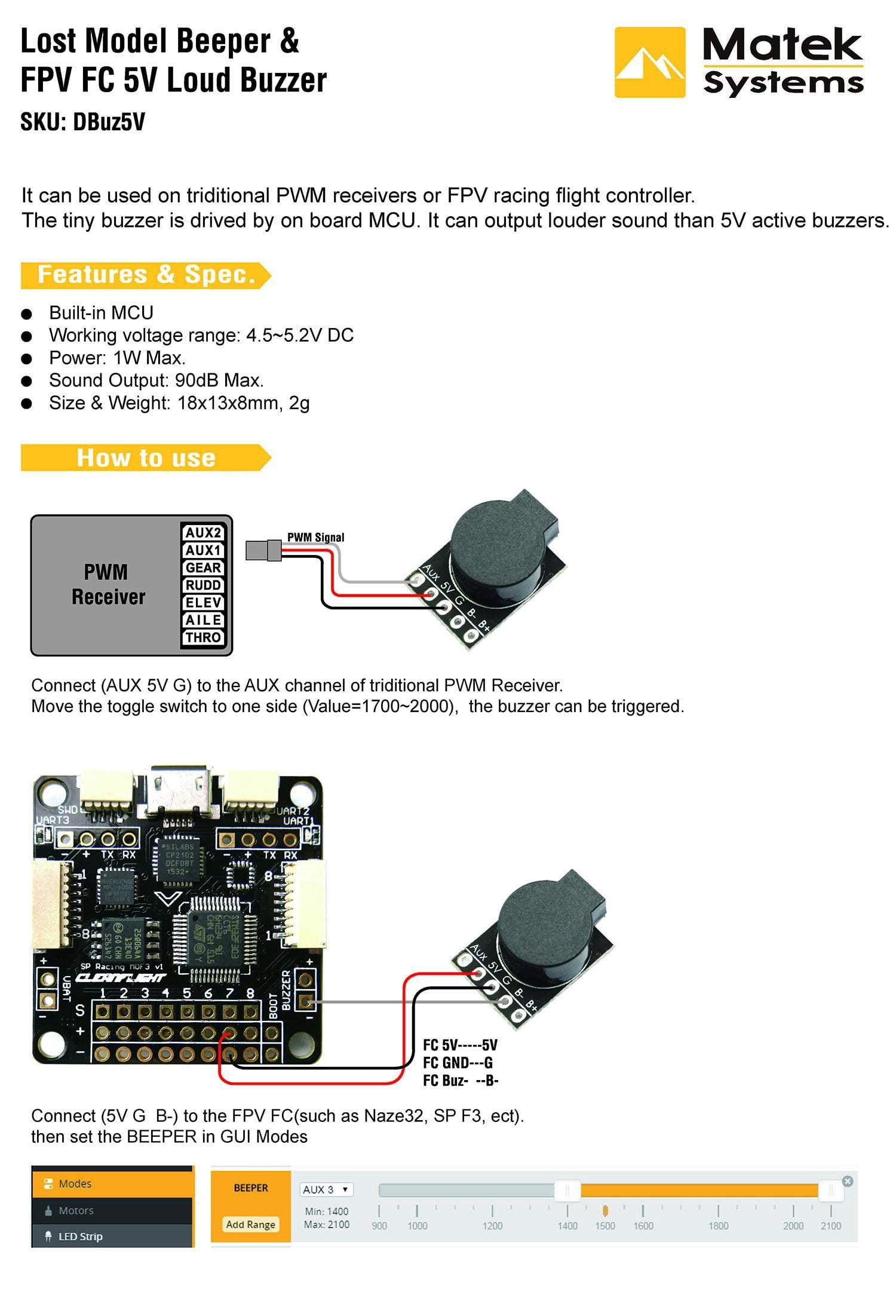 Hot Sale! Matek 5V Loud Drone Buzzer - Lost Model Beeper (DBuz5V)
