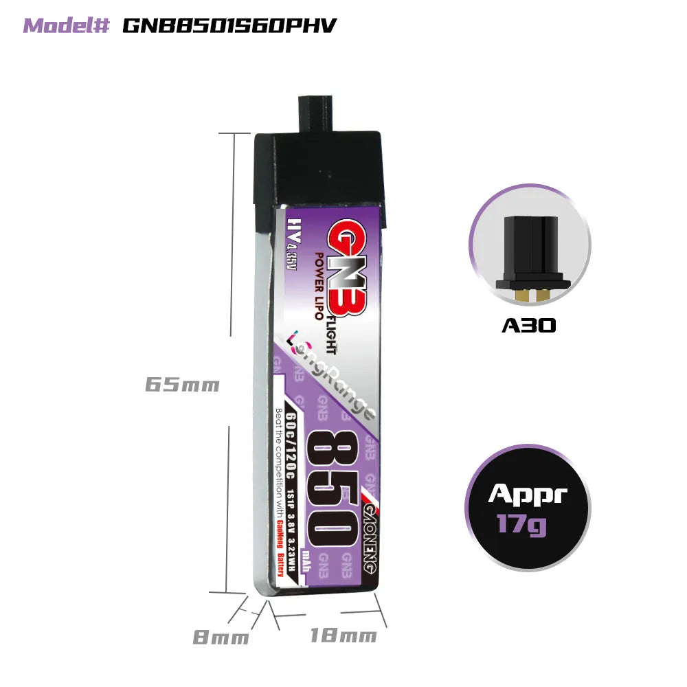 GAONENG GNB High - Voltage 1S 3.8V 850mAh 60C A30 Plastic Head Long - Range LiPo Battery [DG]