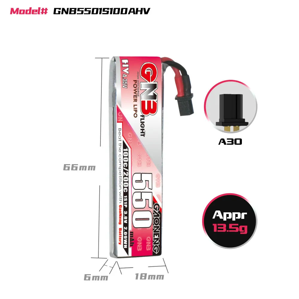 GAONENG GNB 1S 3.8V 550mAh 100C A30 Cabled LiPo Battery - Hot Sale!