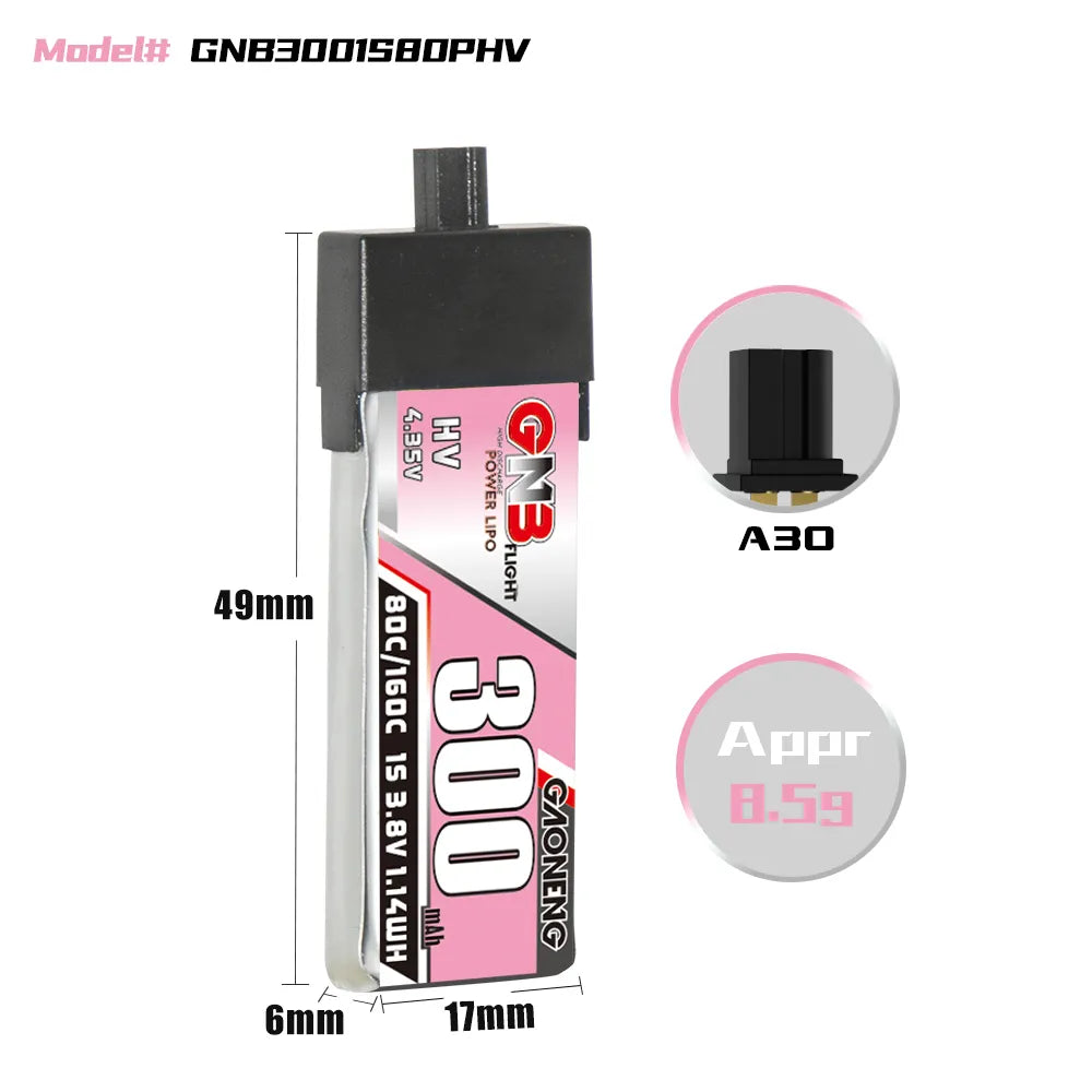 GAONENG GNB High-Voltage 1S 3.8V 300mAh 80C A30 Plastic Head LiPo Battery