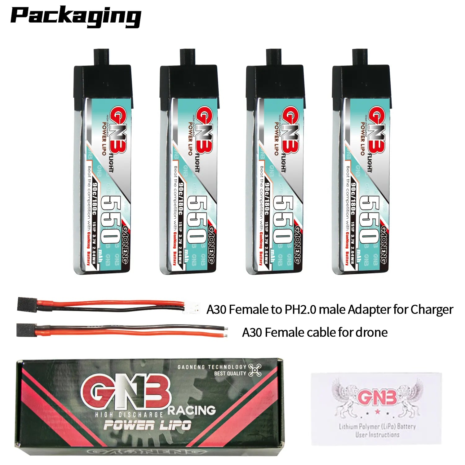 GAONENG GNB 1S 3.7V 550mAh 90C A30 Plastic Head LiPo Battery 4pc - Hot Deal!