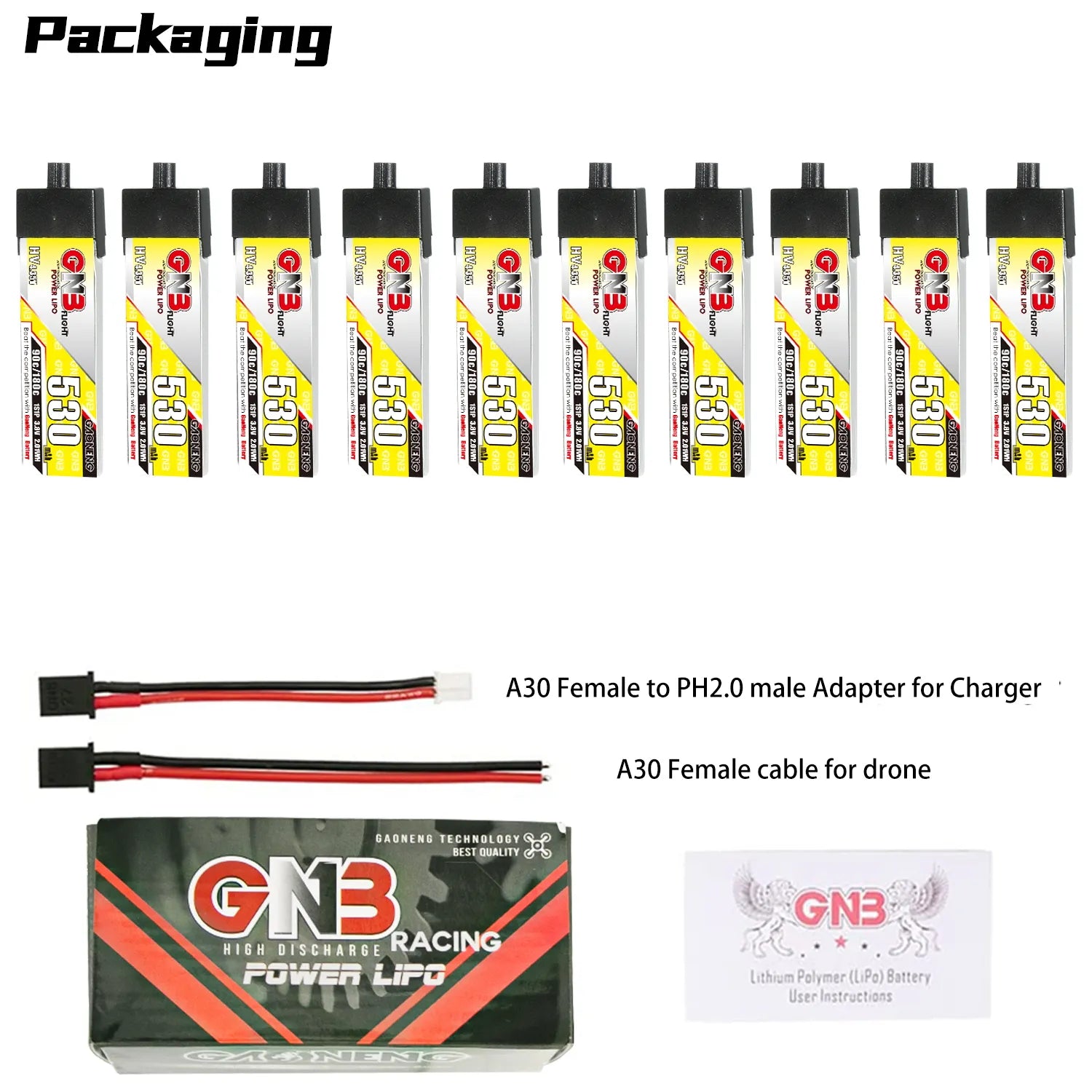 Hot Sale GAONENG GNB 1S 3.8V 530mAh 90C A30 Plastic Head LiPo Battery for FPV Drones