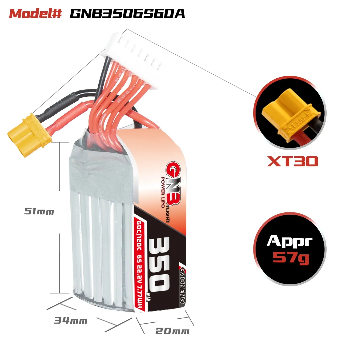 GAONENG High - Performance 6S 22.2V 350mAh 60C XT30 LiPo Drone Battery