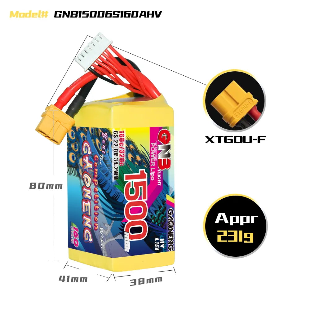 GAONENG High-Voltage 6S 22.8V 1500mAh 160C XT60 LiPo Graphene Battery