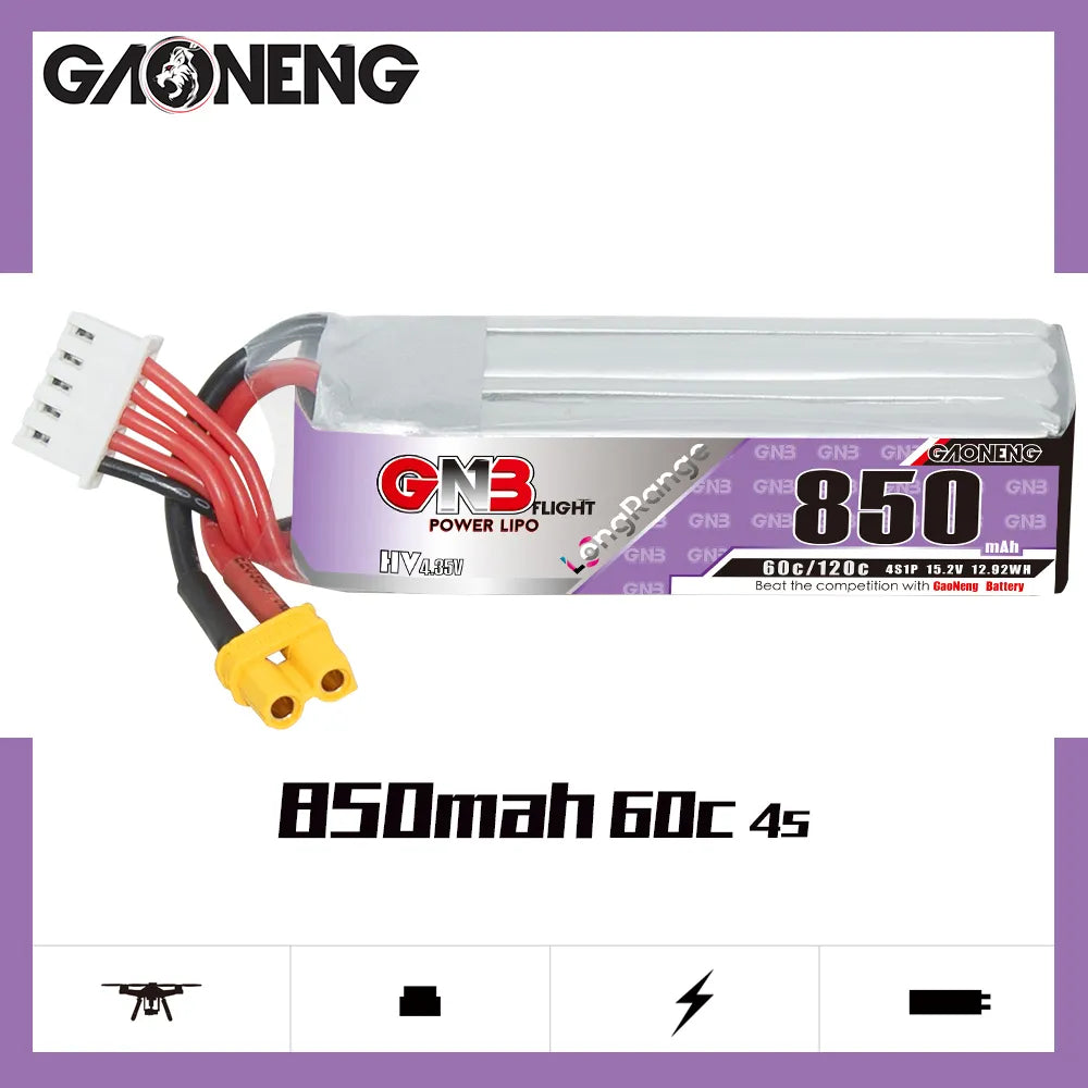 GAONENG High - Performance GNB LiHV 4S 15.2V 850mAh 60C XT30 LiPo Battery for Long - Range Use