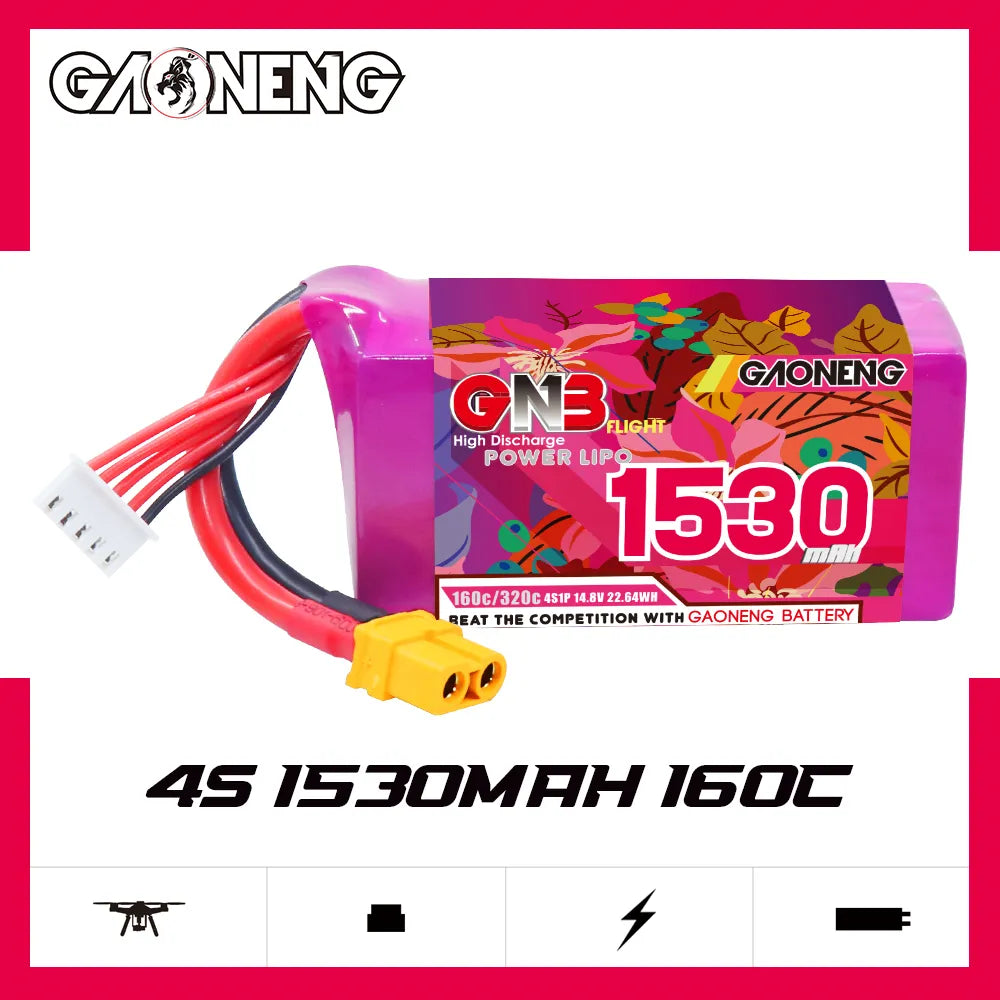 GAONENG High - Performance 14.8V 1530mAh 160C XT60 4S LiPo Battery for FPV Drones and More
