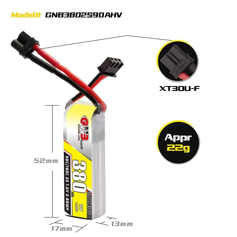 GAONENG GNB 2S 7.6V 380mAh 90C XT30 LiPo Battery - Hot Sale!