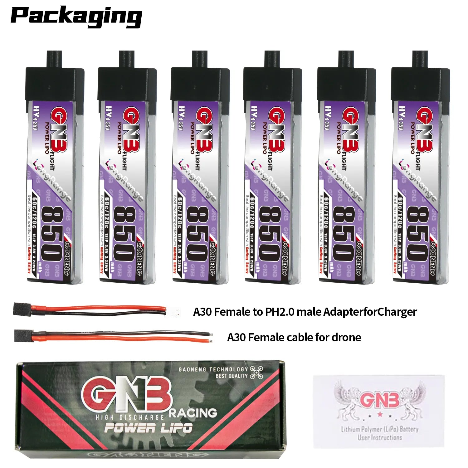 GAONENG GNB High - Voltage 1S 3.8V 850mAh 60C A30 Plastic Head Long - Range LiPo Battery [DG]