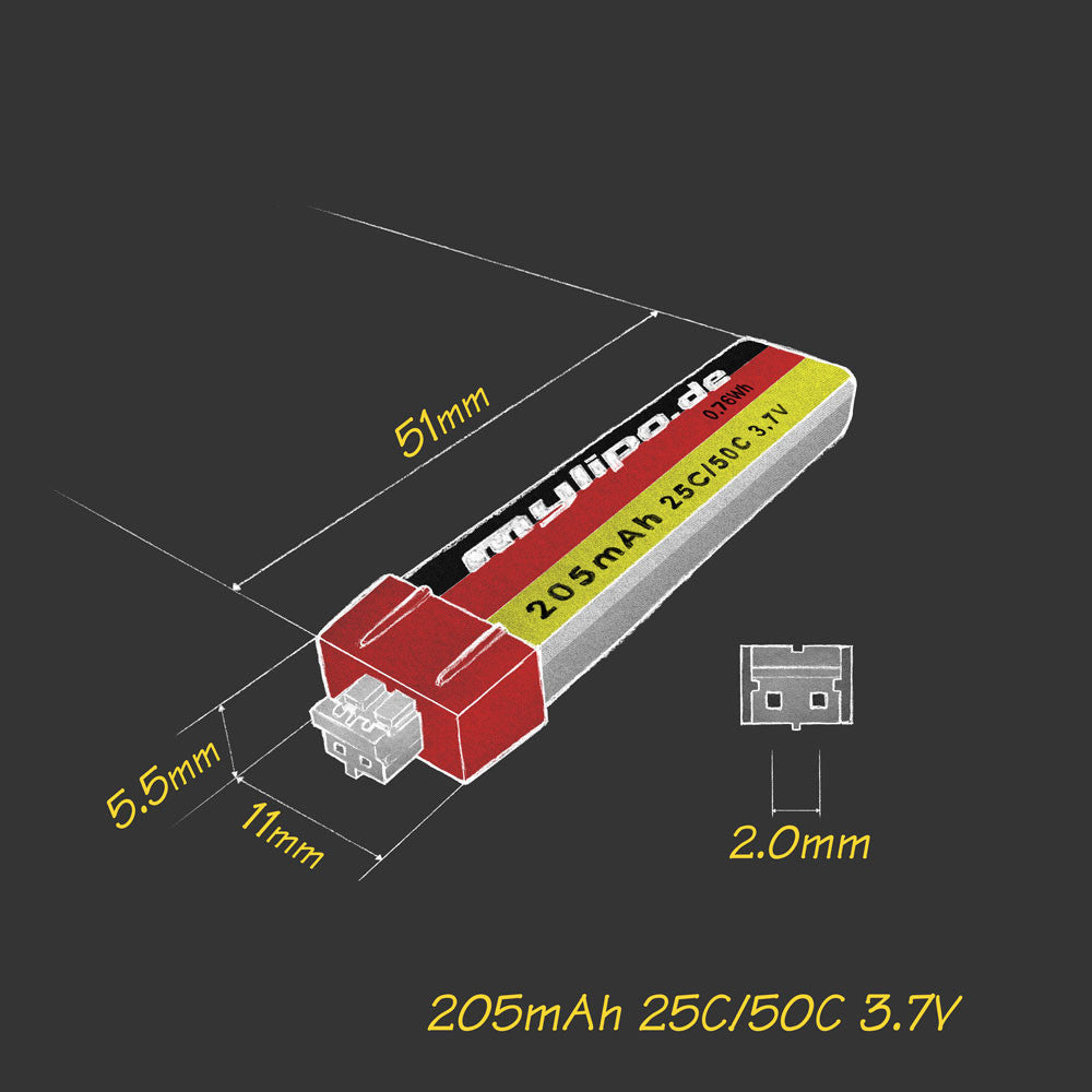 Hot Sale! mylipo 205mAh 25C 1S Battery Pack with JST - PH2 Connector, Lightweight 6g