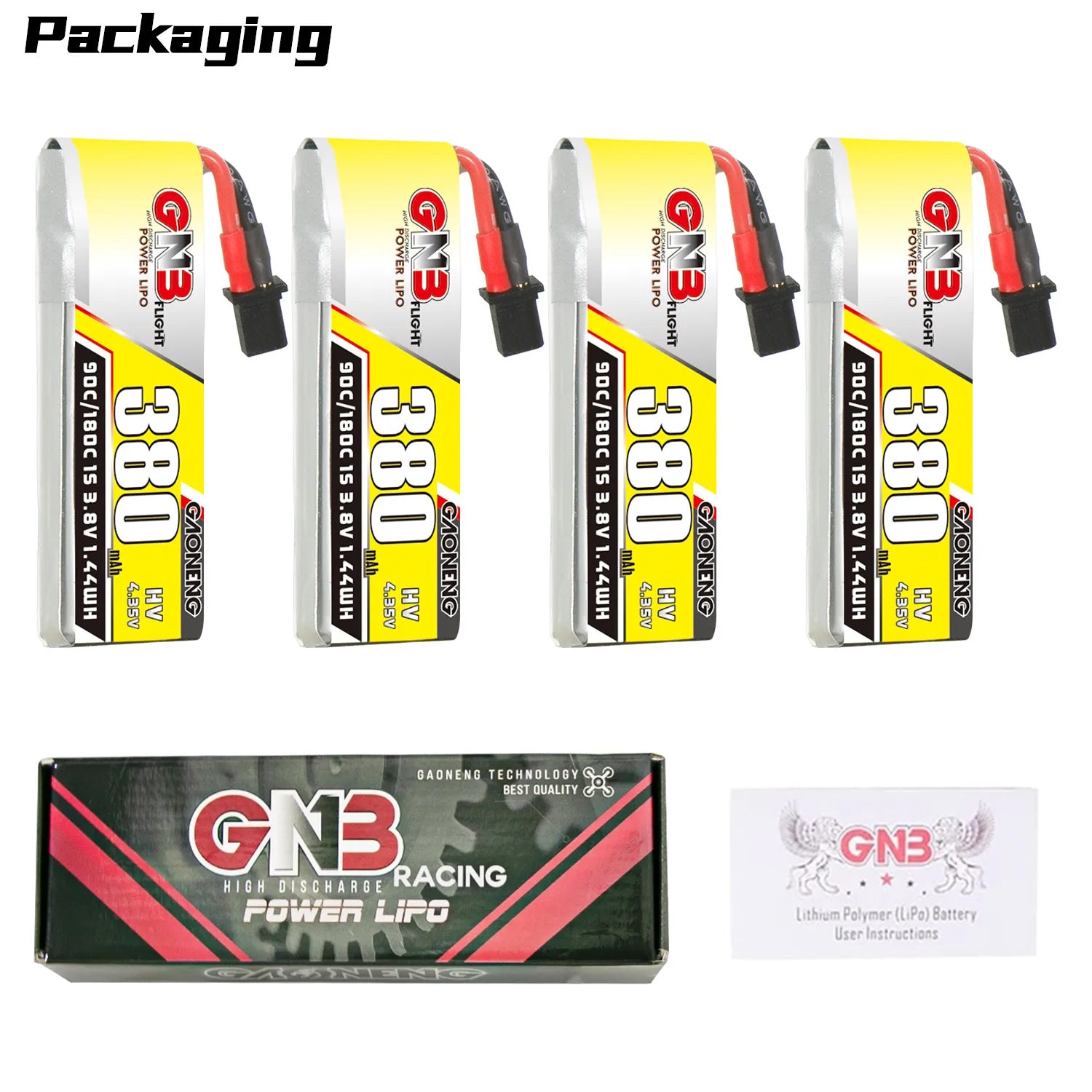 Hot Sale! GAONENG GNB 3.8V 380mAh 90C A30 Cabled 1S LiHV LiPo Battery