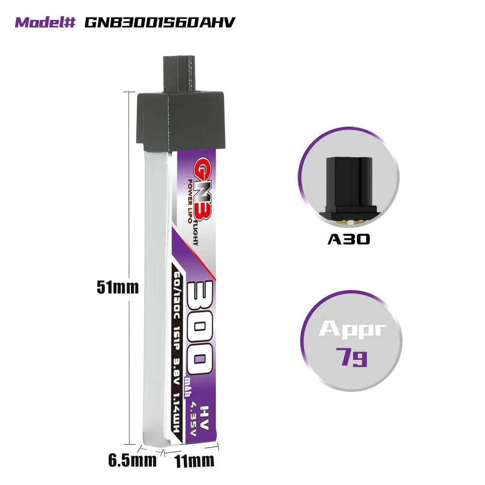 Hot Sale! GAONENG GNB 300mAh 60C 3.8V 1S LiHV A30 Plastic Head LiPo Battery