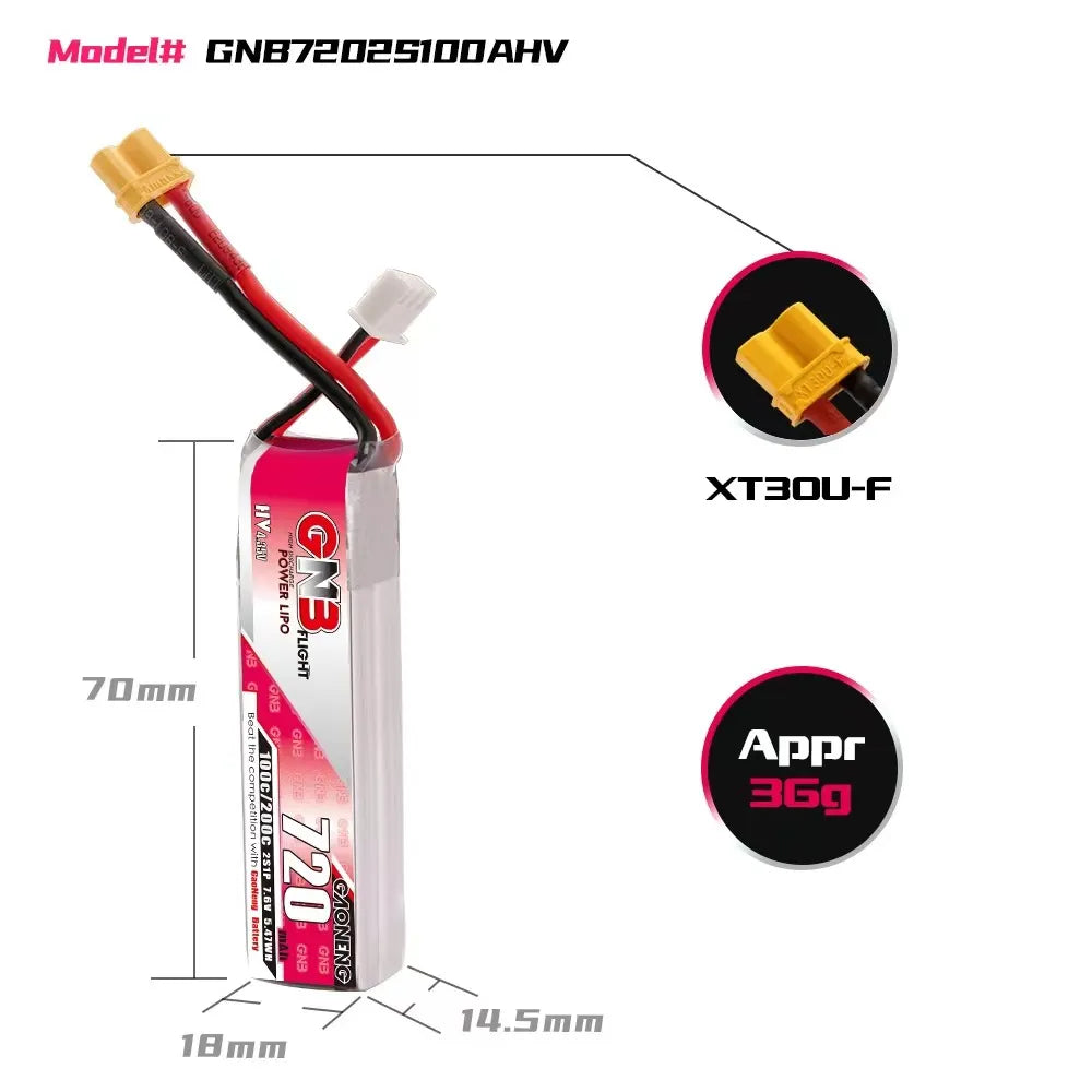 High - Energy GAONENG GNB 7.6V 720mAh 100C XT30 2S LiHV LiPo Battery