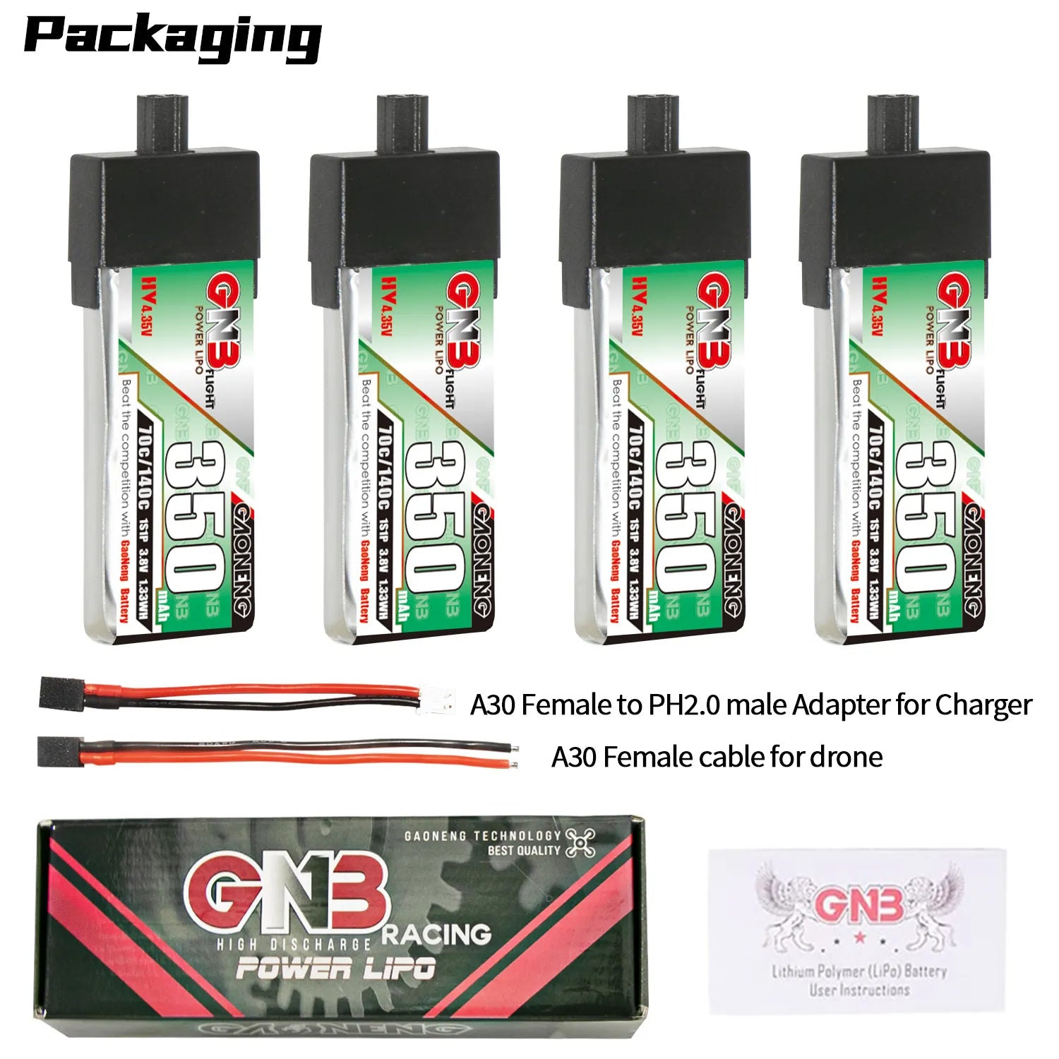 GAONENG GNB High-Voltage 1S 3.8V 350mAh 70C A30 Plastic Head LiPo Battery