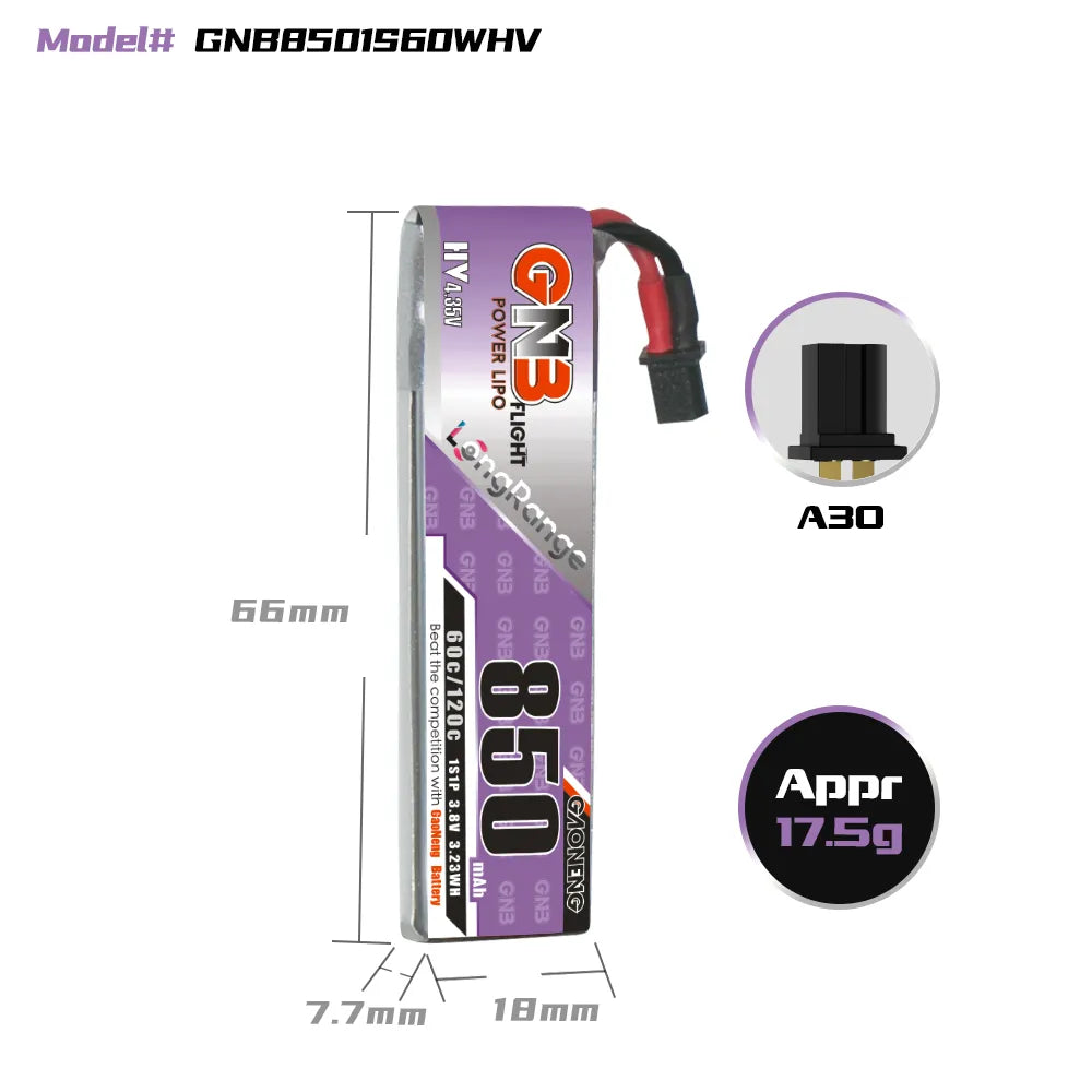 Hot Sale! GAONENG GNB 1S 3.8V 850mAh 60C A30 Cabled LiPo Battery for Long - Range Use