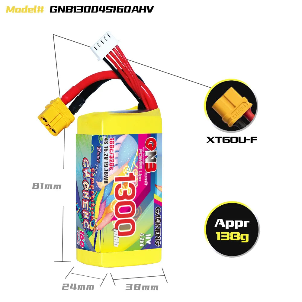 GAONENG High-Performance 4S 15.2V 1300mAh 160C XT60 LiPo Graphene Battery for FPV Drones