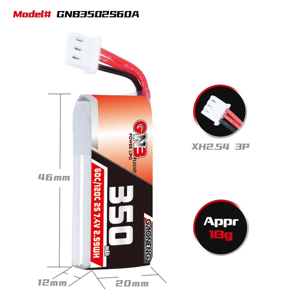 GAONENG High - Performance 7.4V 350mAh 60C 2S LiPo Battery with XH2.54 3Pin Connector