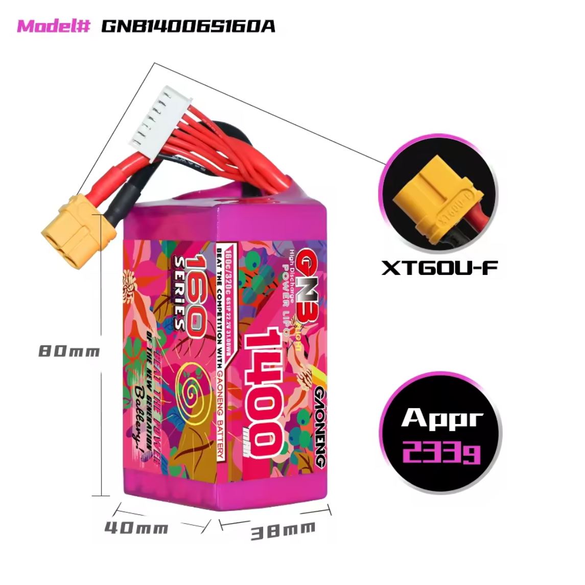 GAONENG High - Performance 6S 22.2V 1400mAh XT60 LiPo Battery for FPV Racing Drones