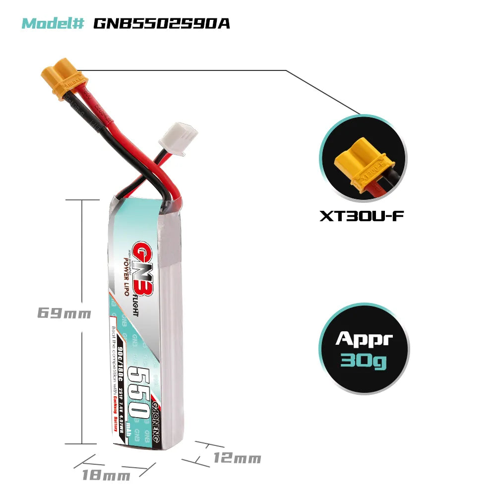 GAONENG High - Performance 7.4V 550mAh 90C XT30 2S Long - Type LiPo Battery [DG]