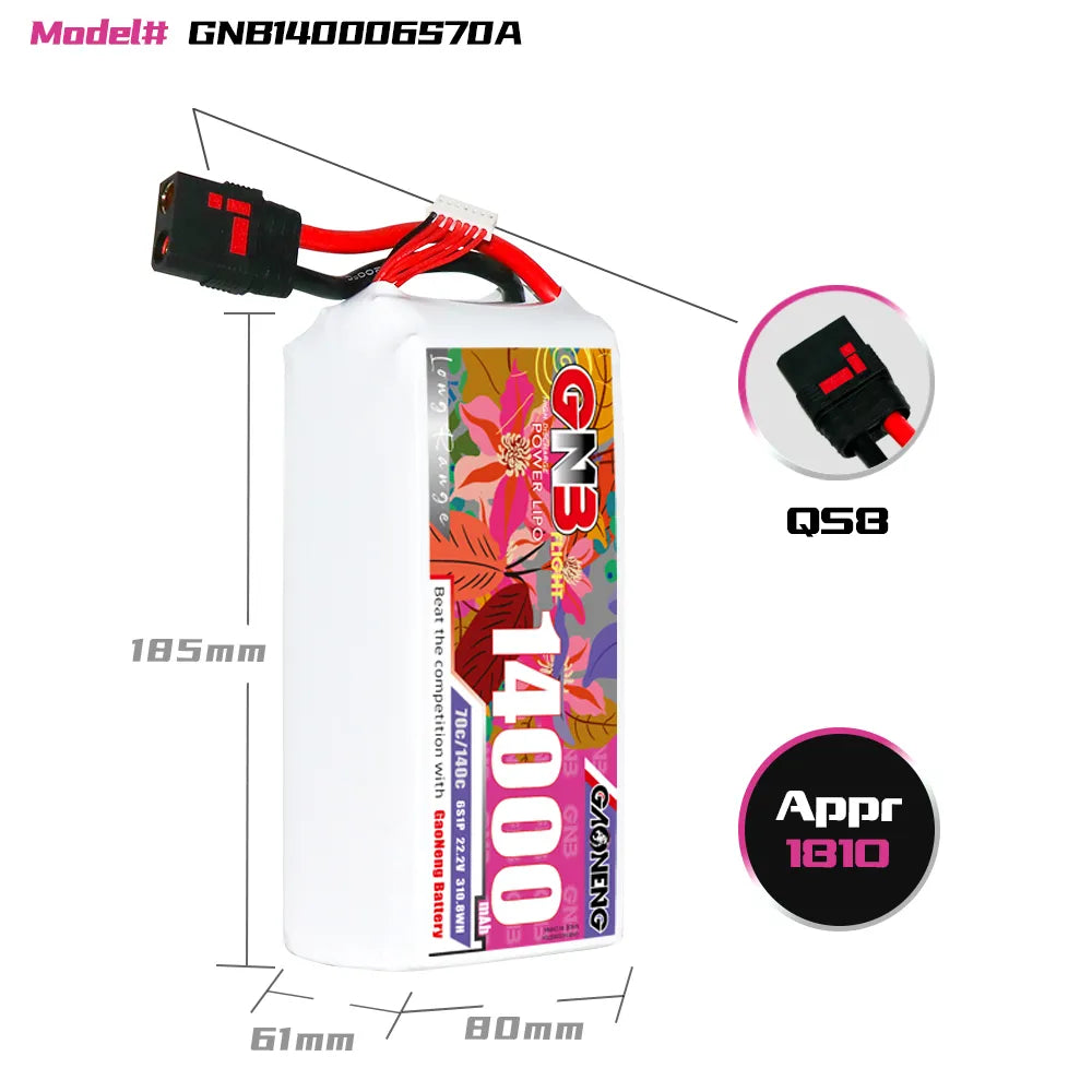 GAONENG High - Capacity 22.2V 14000mAh 70C 6S1P RC LiPo Battery with QS8 Connector