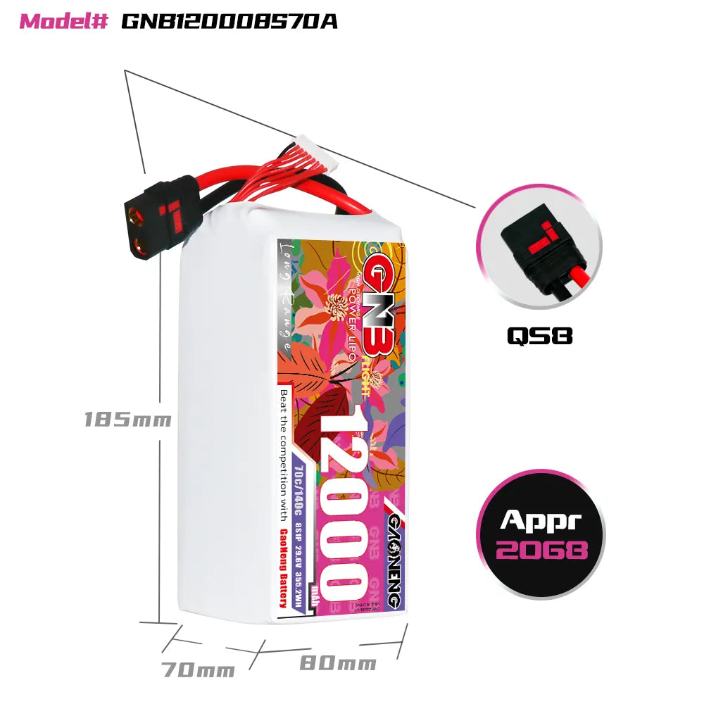 GAONENG High - Performance 29.6V 12000mAh 70C 8S1P RC LiPo Battery QS8 for Various Applications