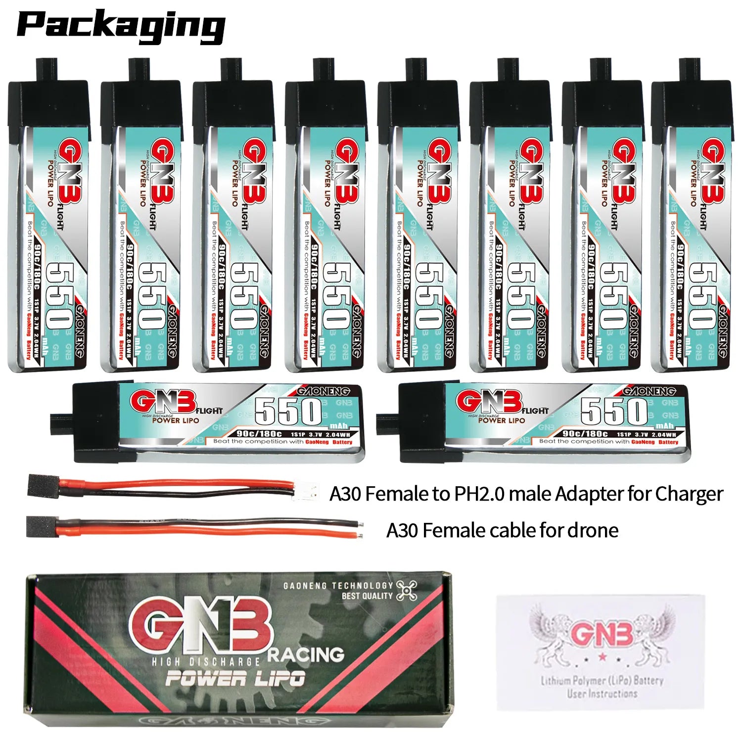 GAONENG GNB 1S 3.7V 550mAh 90C A30 Plastic Head LiPo Battery 4pc - Hot Deal!