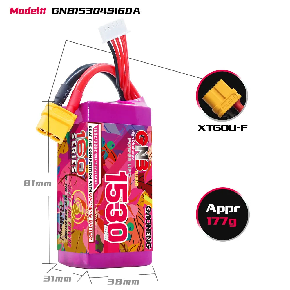GAONENG High - Performance 14.8V 1530mAh 160C XT60 4S LiPo Battery for FPV Drones and More