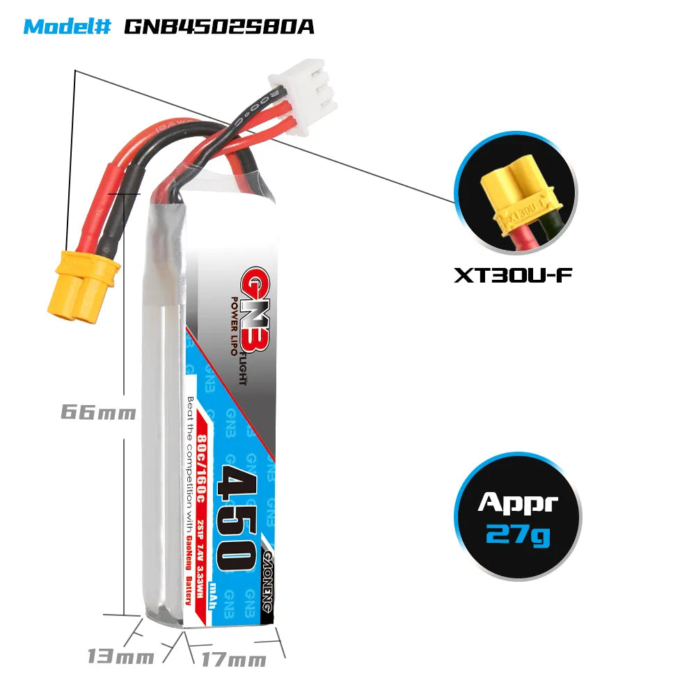 GAONENG High - Performance 7.4V 450mAh 80C XT30 2S Long - Type LiPo Battery