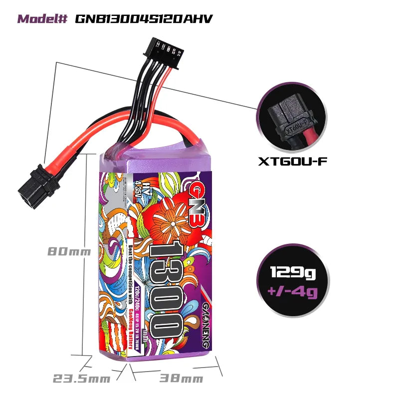 GAONENG High - Performance 15.2V 1300mAh 120C XT60 4S LiPo Battery for FPV Drones and More
