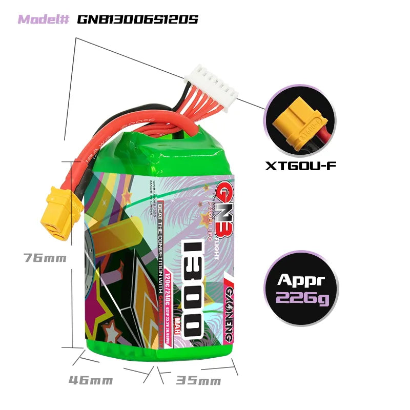 GAONENG GNB 6S 22.2V 1300mAh 120C XT60 LiPo Battery - High - Performance for FPV