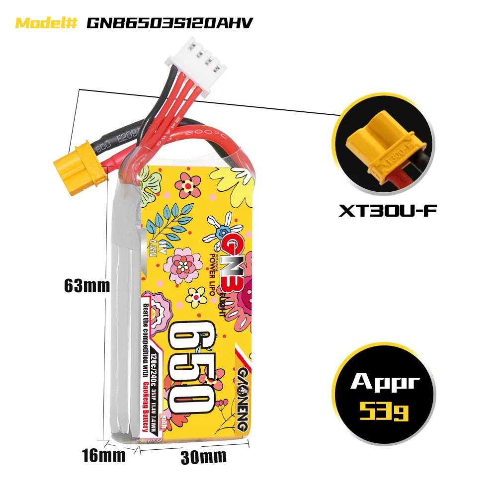 GAONENG GNB High-Voltage 3S 11.4V 650mAh 120C XT30 LiPo Battery - Ideal for Drones and RC Toys