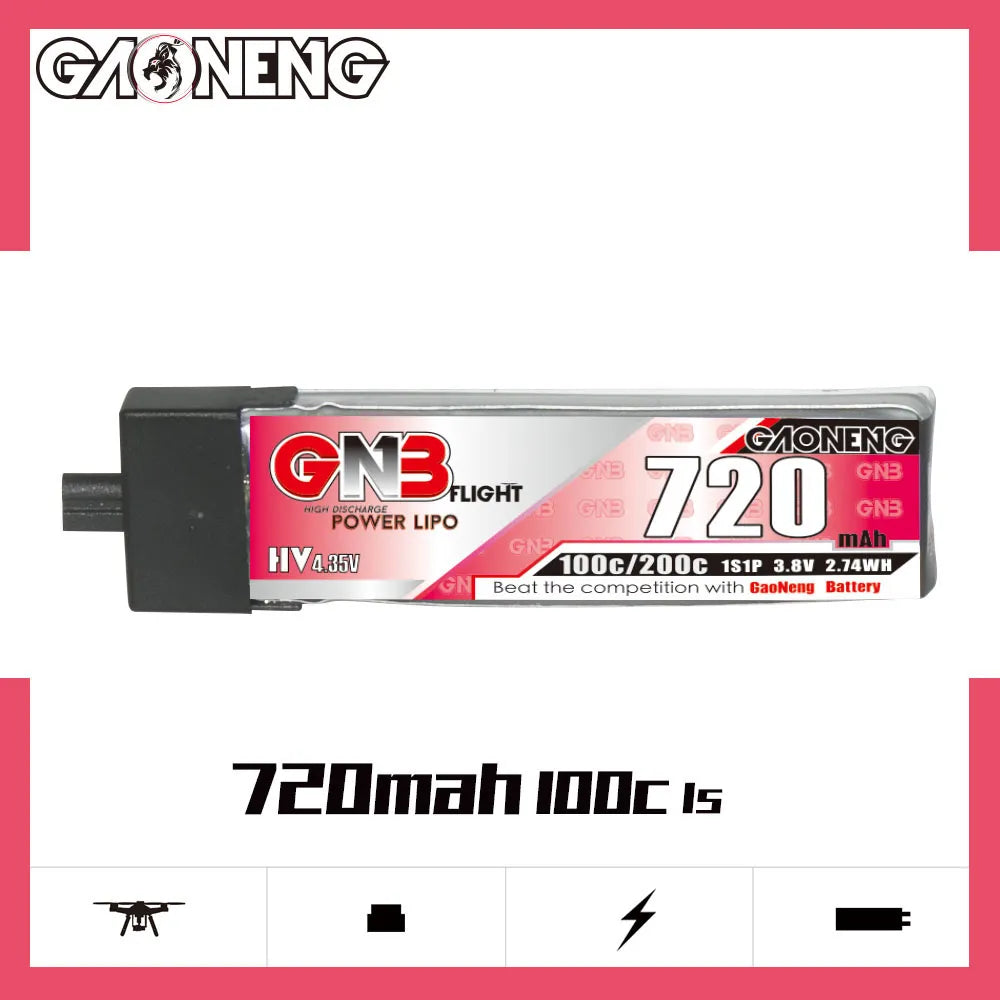 GAONENG GNB High-Voltage 1S 3.8V 720mAh 100C A30 Plastic Head LiPo Battery - Ideal for FPV Drones