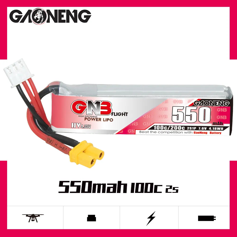 GAONENG GNB 2S 7.6V 550mAh 100C XT30 Long LiHV LiPo Battery [DG]