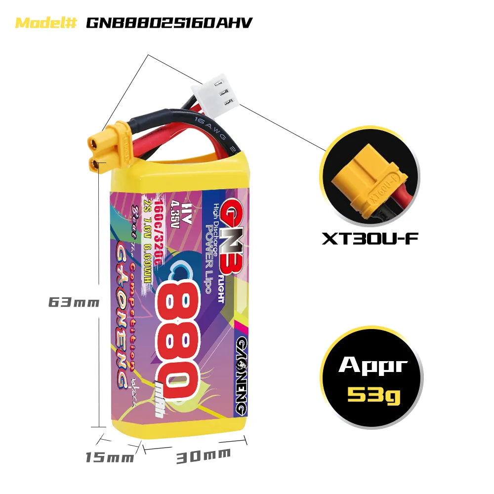 GAONENG High - Performance 2S 7.6V 880mAh 160C XT30 LiHV LiPo Battery