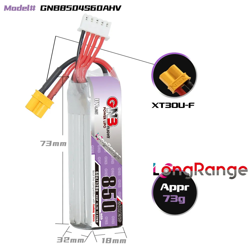 GAONENG High - Performance GNB LiHV 4S 15.2V 850mAh 60C XT30 LiPo Battery for Long - Range Use