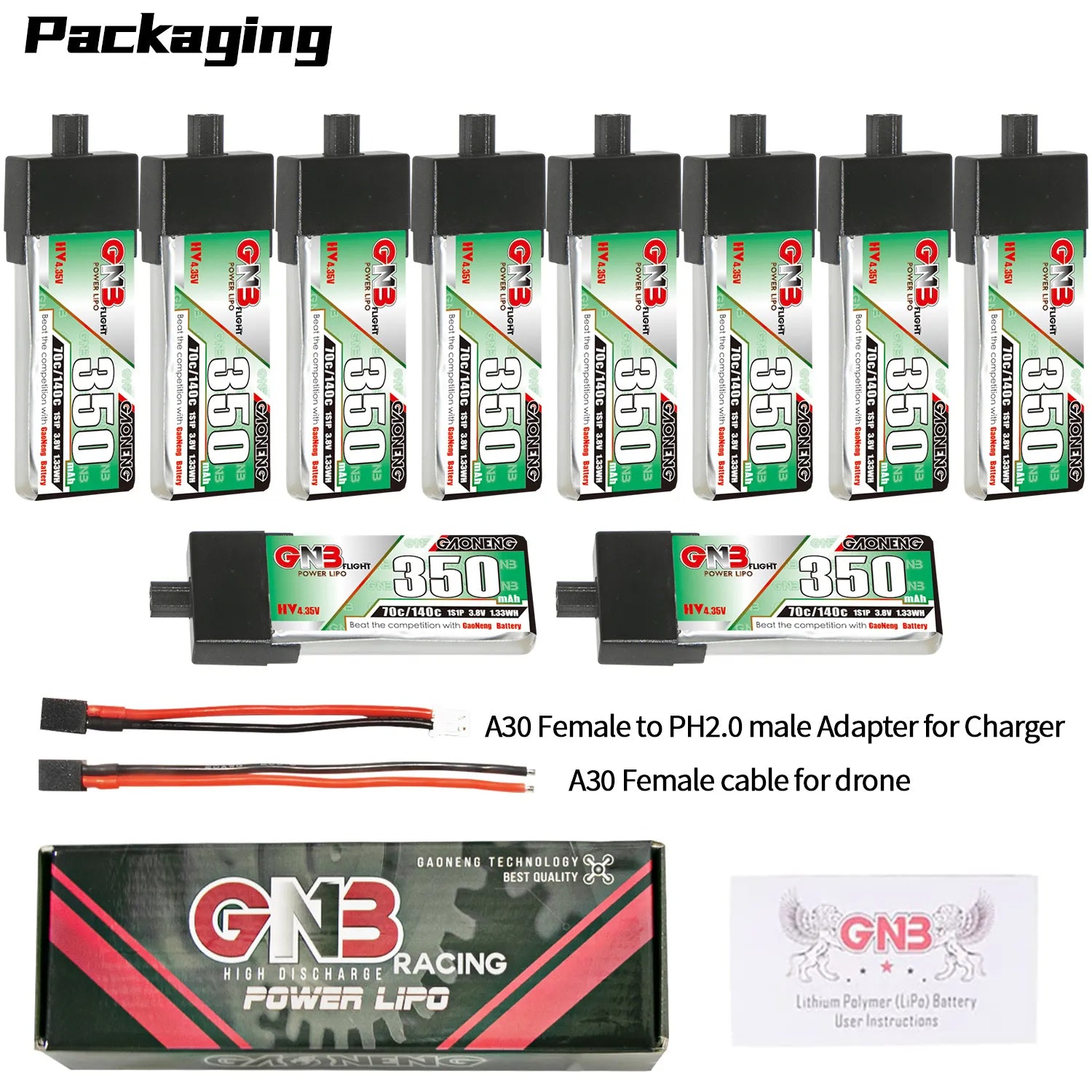 GAONENG GNB High-Voltage 1S 3.8V 350mAh 70C A30 Plastic Head LiPo Battery