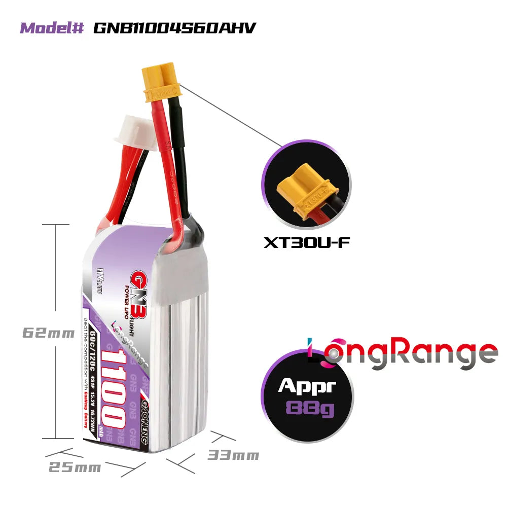 GAONENG GNB 4S 15.2V 1100mAh 60C XT30 LiPo Battery - Long - Range Special [DG]